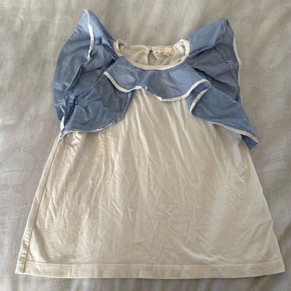 J.CREW CREWCUTS GIRLS WHITE BLUE STRIPED RUFFLE TEE TOP